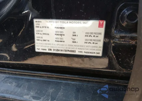 2014 Tesla Model S P85 z USA, uszkodzony, nr VIN 5YJSA1H17EFP49993